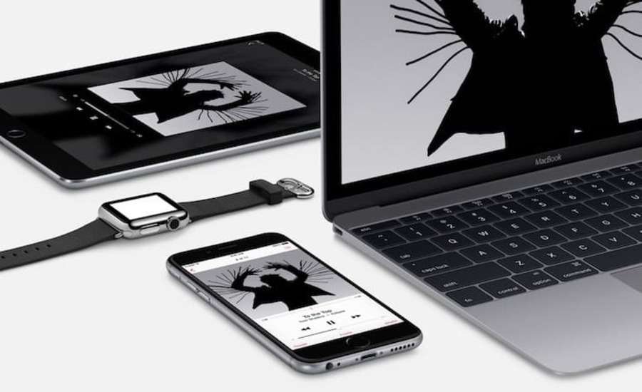 Колаж пристроїв екосистеми Apple, що включає iPhone, iPad, MacBook та Apple Watch